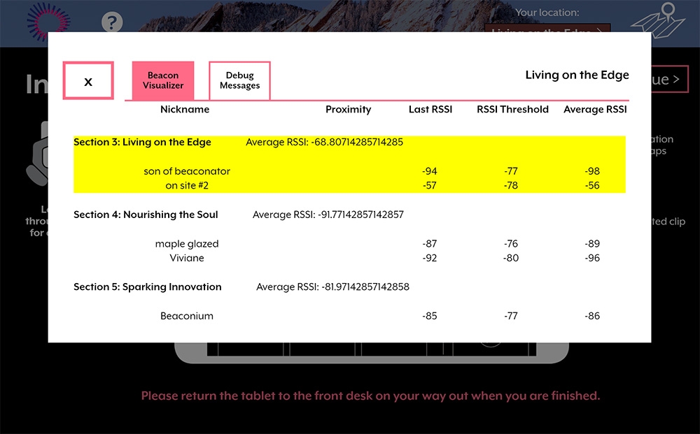 A screenshot of the tablet debugging window